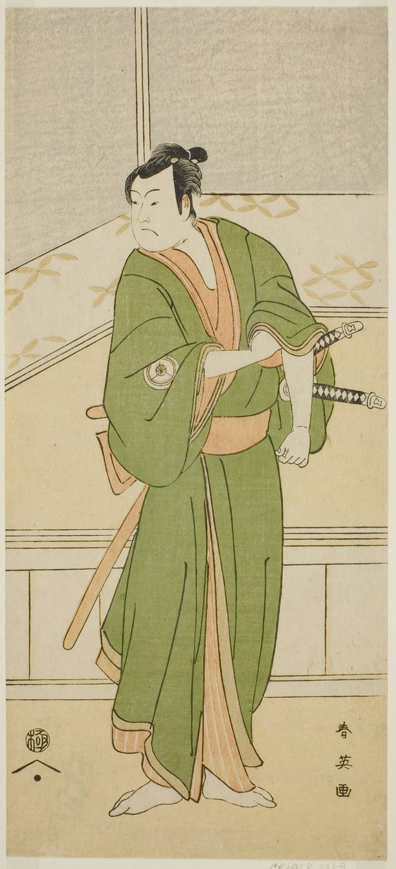 De acteur Iwai Hanshiro IV als Shirai Gompachi in het toneelstuk Gozen-gakari Sumo Soga, opgevoerd in het Kawarazaki Theater in de tweede maand, 1793 door Katsukawa Shun