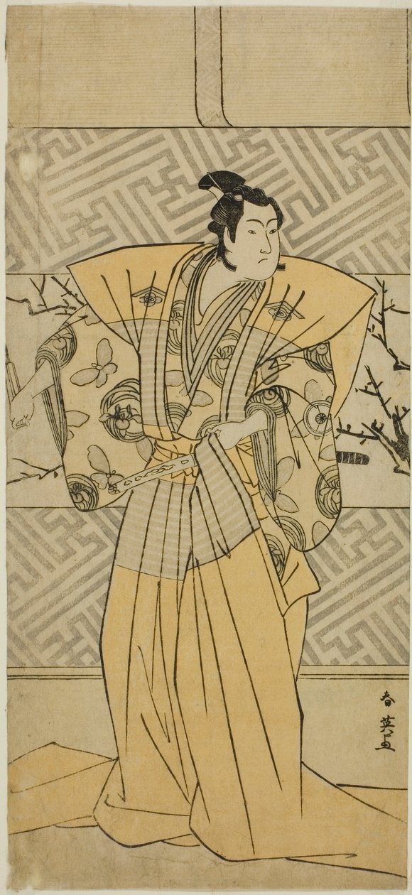 De acteur Iwai Hanshiro IV als Soga no Goro Tokimune in het toneelstuk Koi no Yosuga Kanegaki Soga, opgevoerd in het Ichimura Theater in de eerste maand, 1789 door Katsukawa Shun