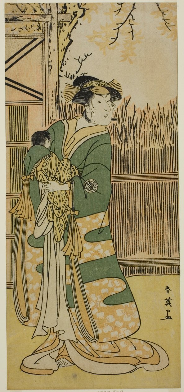 De acteur Nakayama Tomisaburo I als Lady Tokiwa (Tokiwa Gozen) () in het toneelstuk Kimmenuki Genke no Kakutsuba (), Opgevoerd in het Ichimura Theater () in de Elfde Maand, 1791 () door Katsukawa Shun