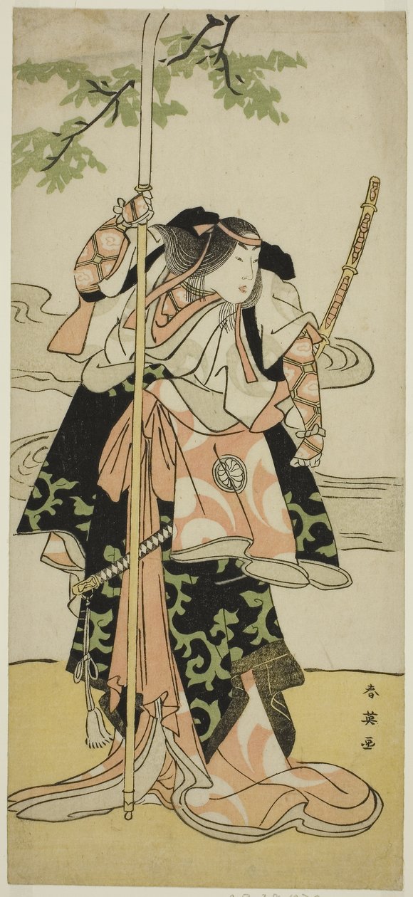 De acteur Segawa Kikunojo III als Lady Tomoe (Tomoe Gozen) in het toneelstuk Yasa Gumbai Miyako no Jindori, opgevoerd in het Miyako Theater in de Elfde Maand, ca. 1793 (kleurenhoutsnede; hosoban) door Katsukawa Shun