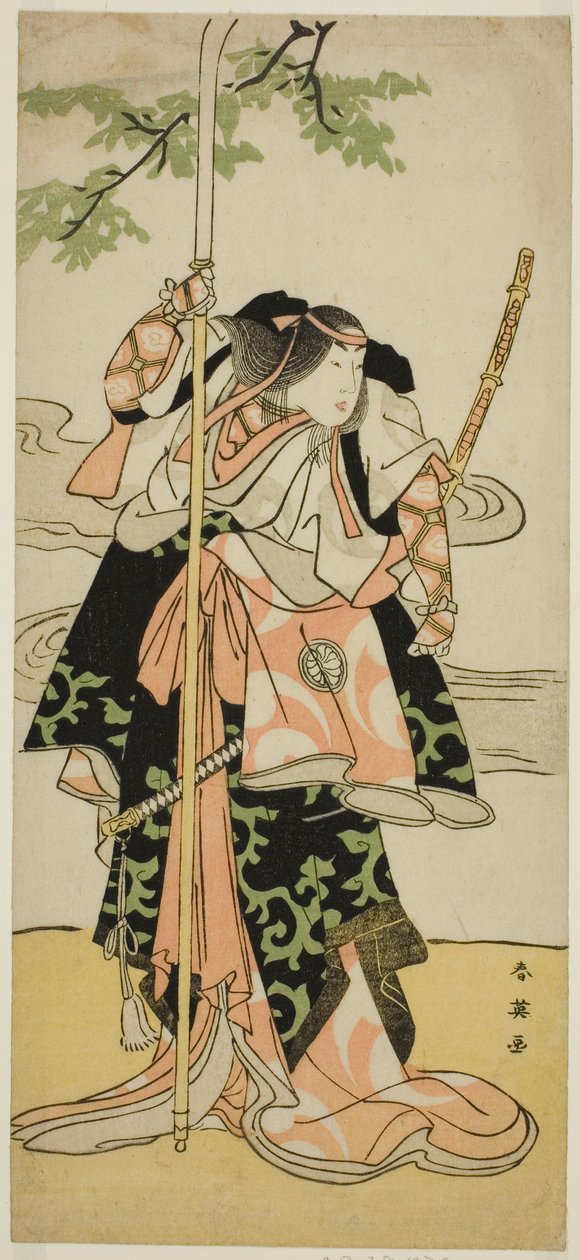 De acteur Segawa Kikunojo III als Lady Tomoe (Tomoe Gozen) in het toneelstuk Yasa Gumbai Miyako no Jindori, Opgevoerd in het Miyako Theater in de Elfde Maand, 1793 door Katsukawa Shun
