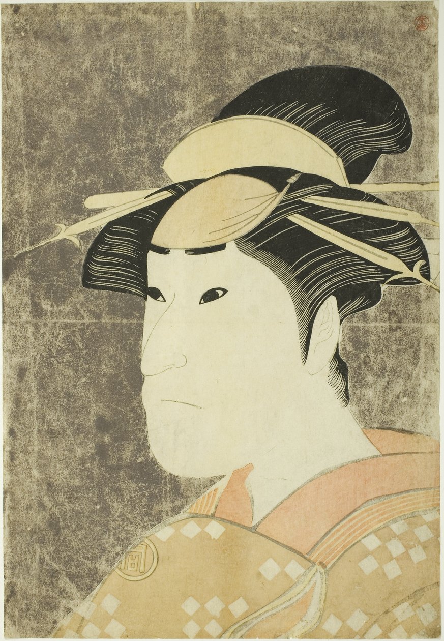 De acteur Sanogawa Ichimatsu III als de Gion prostituee Onayo in het stuk "Hana-ayame Bunroku Soga," uitgevoerd in het Miyako Theater in de vijfde maand door Katsukawa Shunei
