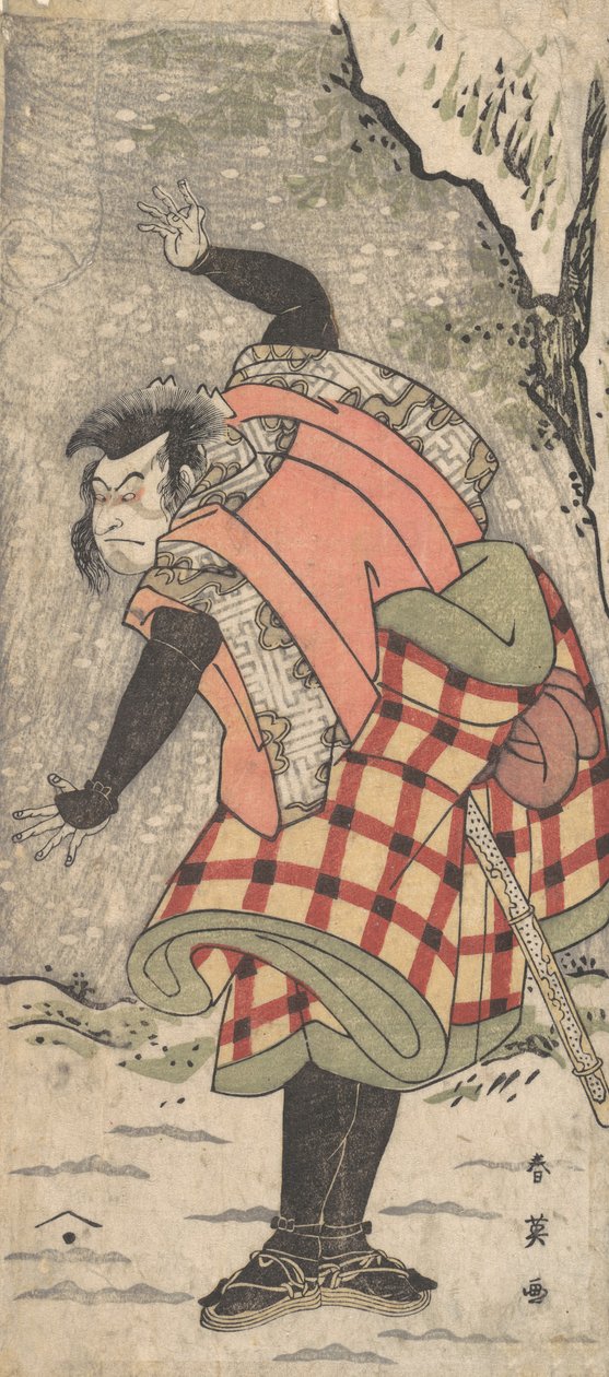 Ongeïdentificeerde acteur als een Kyokaku staand aan de voet van een klif in een sneeuwstorm, ca. 1793 door Katsukawa Shun