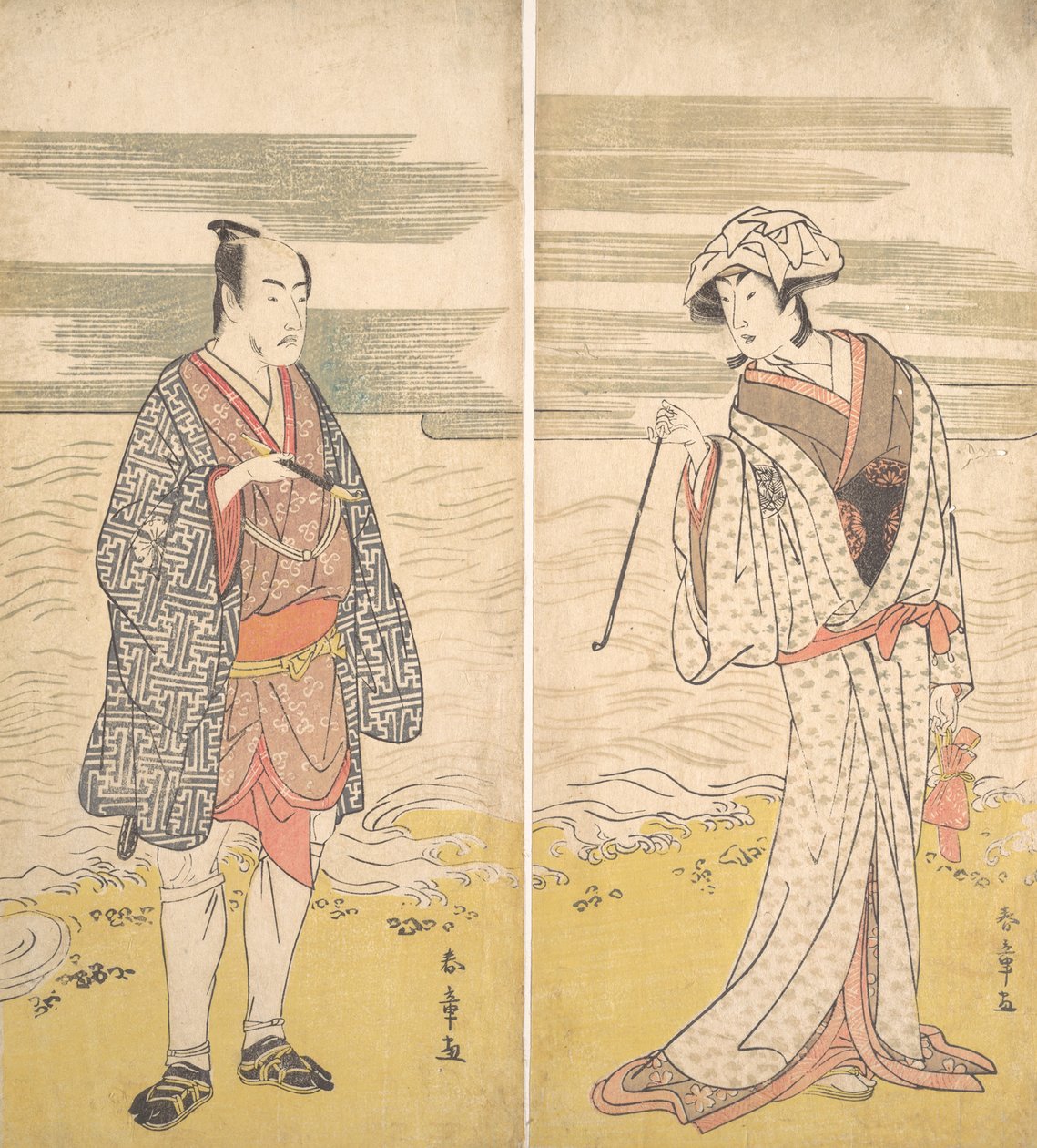 Twee acteurs: de vierde Matsumoto Koshiro als een man gekleed in een korte kimono [links], 1779 door Katsukawa Shunjo