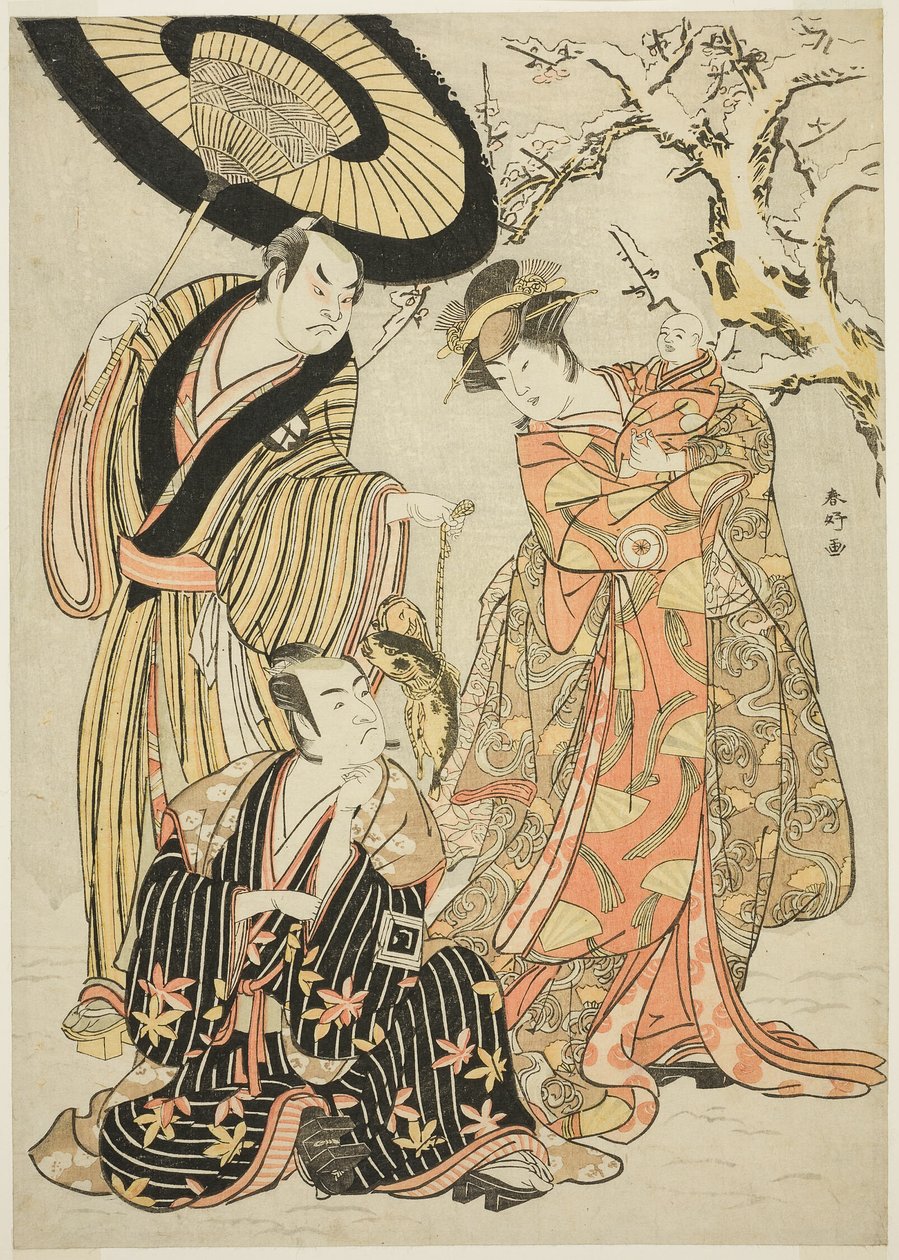 Acteurs Iwai Hanshirô IV, Ichikawa Monnosuke II en Sakata Hangorô III, in "Snowflakes: Het verhogen van de standaard in Izu" ("Mutsu no Hana Izu no Hataage") door Katsukawa Shunkо̄