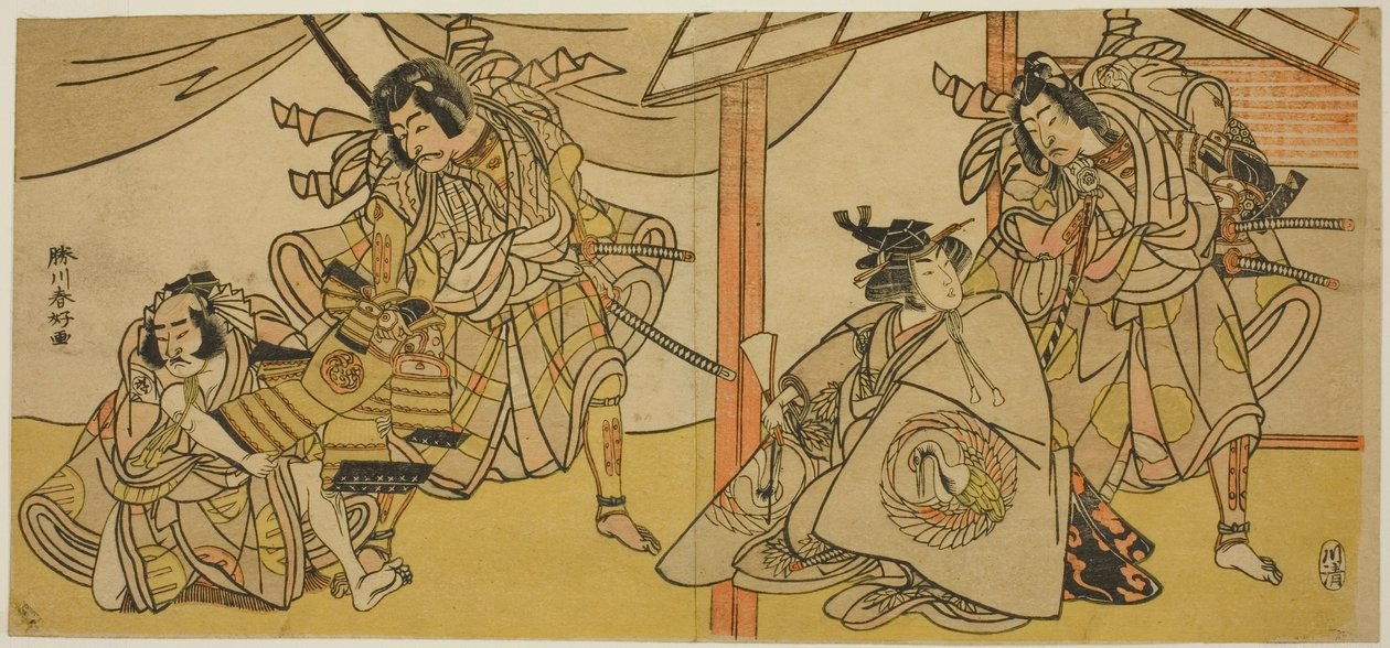 Rechter pagina: De Acteurs Bando Hikosaburo III als Soga no Goro (rechts), en Segawa Kikunojo IV als Onna Asahina (links), in het Toneelstuk Ume-goyomi Akebono Soga; Linkerblad: De acteurs Onoe Matsusuke I als Furugori Shinzaemon (links), en Ichikawa Danju door Katsukawa Shunkо̄