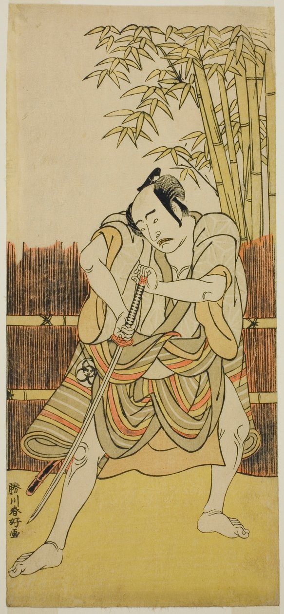 De acteur Bando Mitsugoro I als Ogata no Saburo vermomd als Yoroya Takiemon in het toneelstuk Mure Takamatsu Yuki no Shirahata, opgevoerd in het Ichimura Theater in de Elfde Maand, 1780 door Katsukawa Shunkо̄