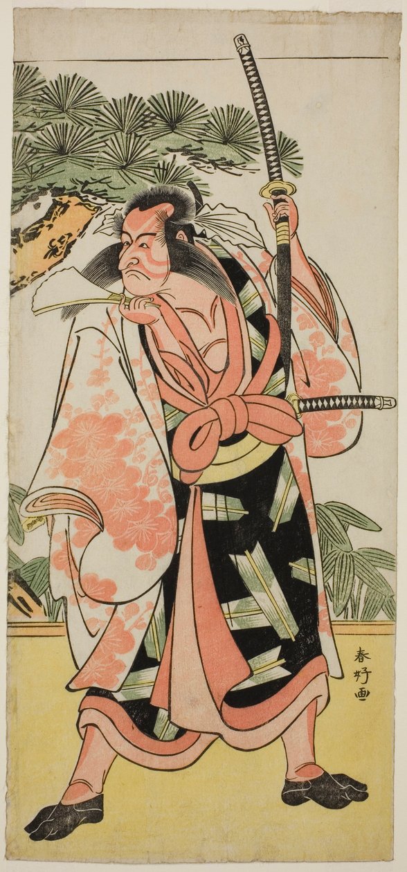 De acteur Ichikawa Danjuro V als Kajiwara Genta Kagesue in het toneelstuk Yuki Nazuna Saiwai Soga, opgevoerd in het Kiri Theater in de eerste maand, 1787 door Katsukawa Shunkо̄