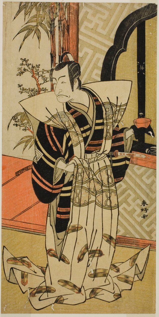 De acteur Ichikawa Danjuro V als Kajiwara Heiji () in het toneelstuk Hiragana Seisuiki (), opgevoerd in het Morita Theater () in de derde maand, 1776 () door Katsukawa Shunkо̄