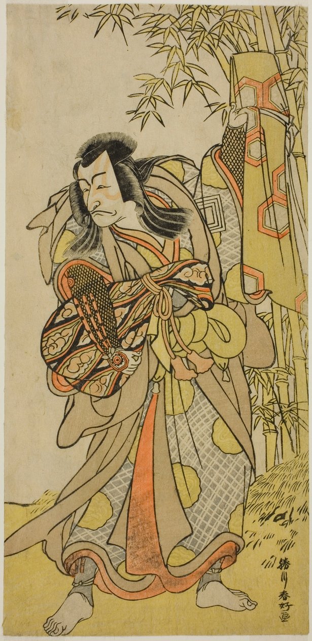 De acteur Ichikawa Danjuro V als Kazusa no Akushichibyoe Kagekiyo vermomd als blinde hofmuzikant (Kengyo) in het toneelstuk Edo Meisho Midori Soga, opgevoerd in het Morita Theater in de vierde maand, 1779 door Katsukawa Shunkо̄