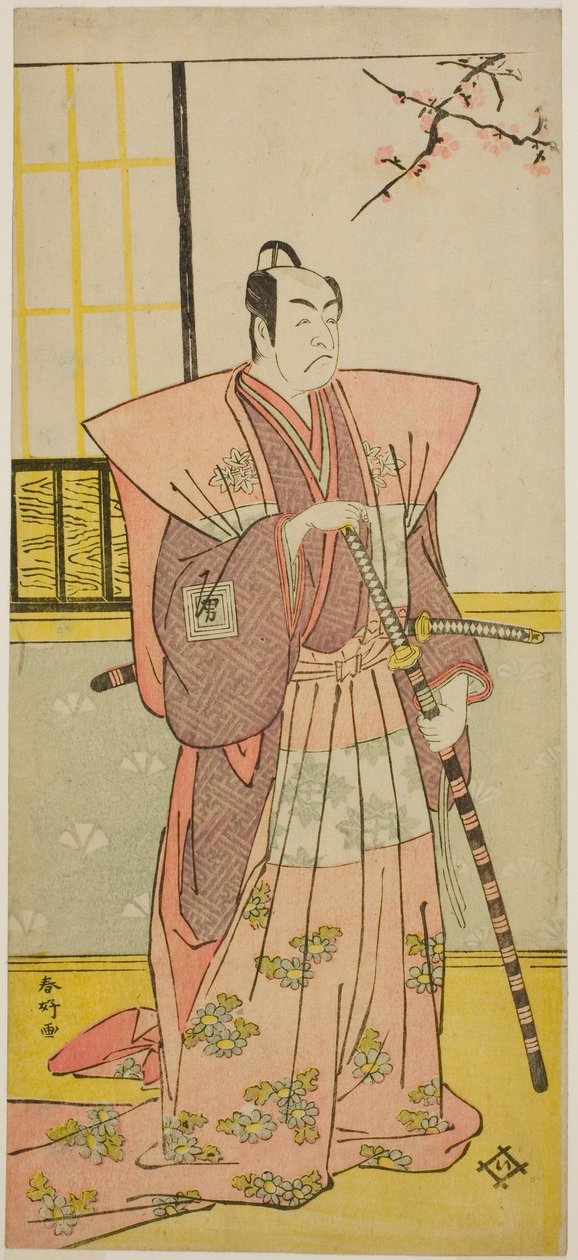 De acteur Ichikawa Omezo I als Koyurugi Motomenosuke () in het toneelstuk Haru no Nishiki Date-zome Soga (), opgevoerd in het Nakamura Theater () in de eerste maand, 1790 () door Katsukawa Shunkо̄