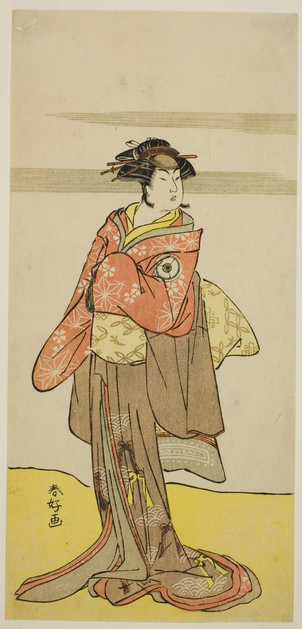 De acteur Iwai Hanshiro IV als Hitomaru vermomd als de geisha Oshun in het toneelstuk Edo no Hana Mimasu Soga, opgevoerd in het Nakamura Theater in de derde maand, 1783 door Katsukawa Shunkо̄