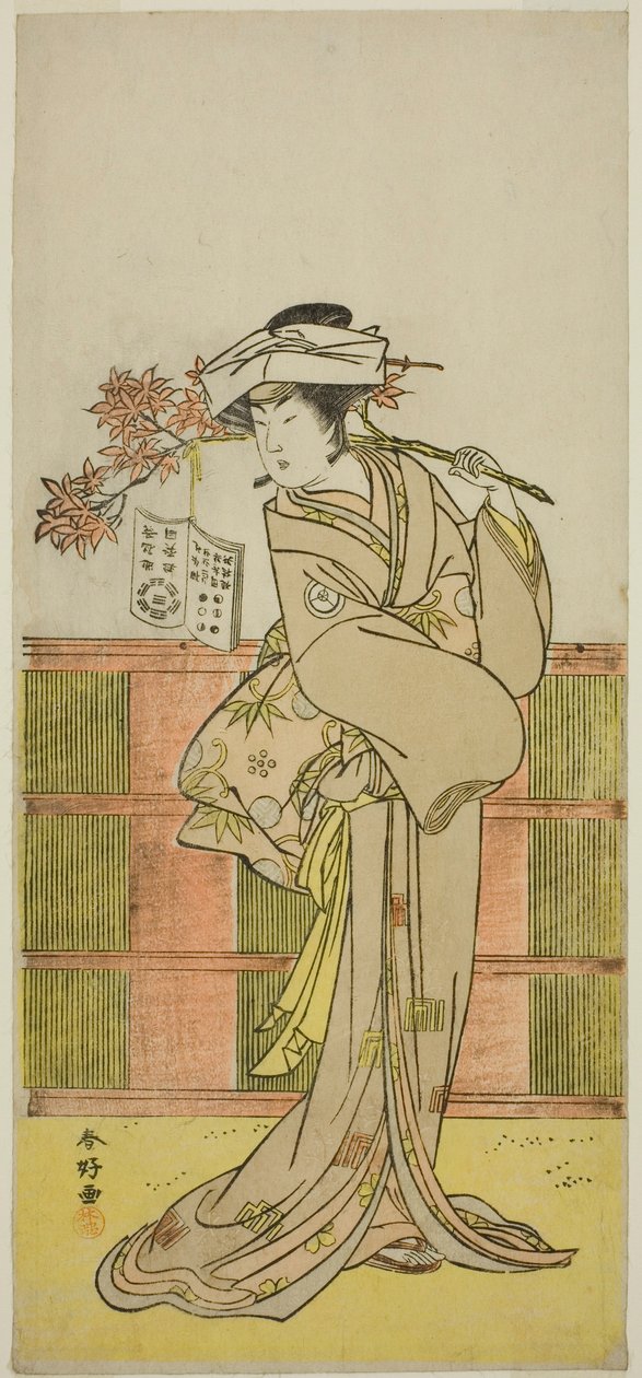 De acteur Iwai Hanshiro IV als Umegae vermomd als de vrouwelijke waarzegster Omatsu in het toneelstuk Mukashi Otoko Yuki no Hinagata, opgevoerd in het Ichimura Theater in de elfde maand, 1781 door Katsukawa Shunkо̄