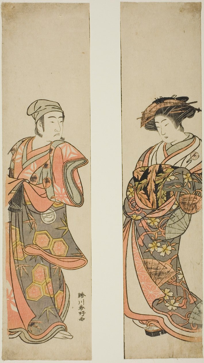 De acteur Nakamura Tomijuro I als courtisane (rechts) en Sawamura Sojuro III als Oyamada Taro () vermomd als Tarosaku van Oyamada Village (links) in het toneelstuk "Azuma no Mori Sakae Kusunoki," opgevoerd in het Ichimura Theater in de elfde maand, 1779. door Katsukawa Shunkо̄