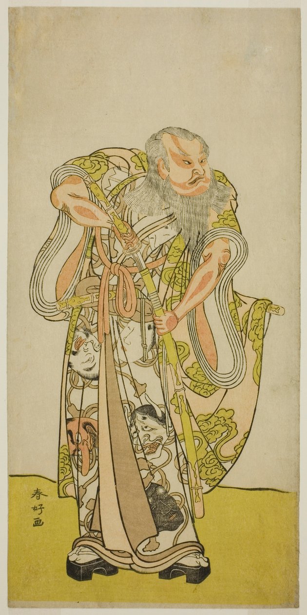 De acteur Sakata Hangoro II als Hige no Ikyu in het toneelstuk Shida Yakata Yotsugi no Hikibune, opgevoerd in het Ichimura Theater in de vijfde maand, 1782 door Katsukawa Shunkо̄