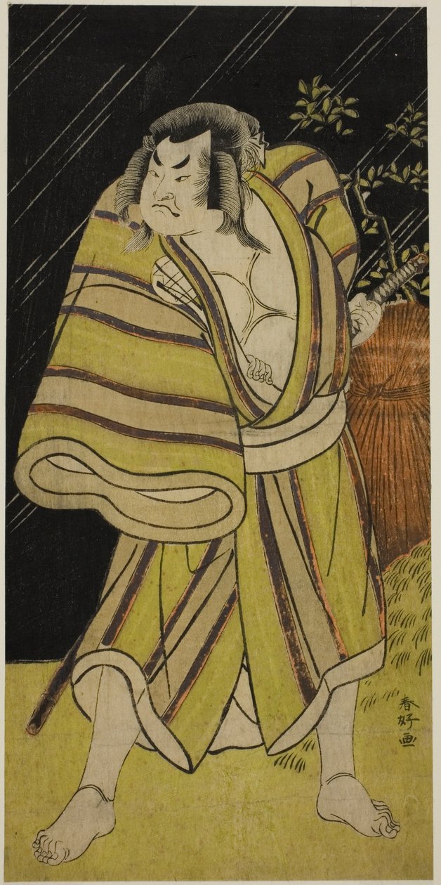 De acteur Sakata Hangoro II als de sumoworstelaar Kujaku Saburo Narihira () in het toneelstuk Sugata no Hana Yuki no Kuronushi (), opgevoerd in het Ichimura Theater () in de Elfde Maand, 1776 () door Katsukawa Shunkо̄