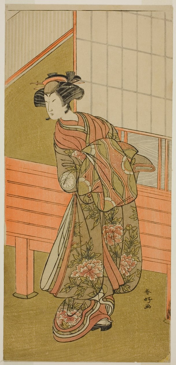 De acteur Segawa Kikunojo III als de courtisane Takamura van Onoteruya () in het toneelstuk Sugata no Hana Yuki no Kuromushi (), opgevoerd in het Ichimura Theater () in de Elfde Maand, 1776 () door Katsukawa Shunkо̄