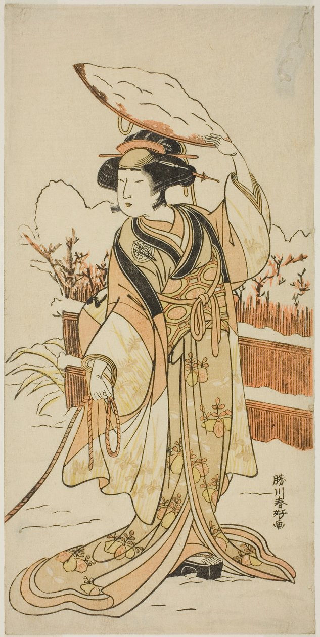 De actrice Yoshizawa Ayame IV als Yadorigi, de zus van Nikaido Shinanosuke, vermomd als Orie, de vrouw van Aoto Magosaburo, in deel twee van het toneelstuk Motomishi Yuki Sakae Hachi no Ki (Opkijken naar vallende sneeuw: bloeiende potbomen), opgevoerd in d door Katsukawa Shunkо̄