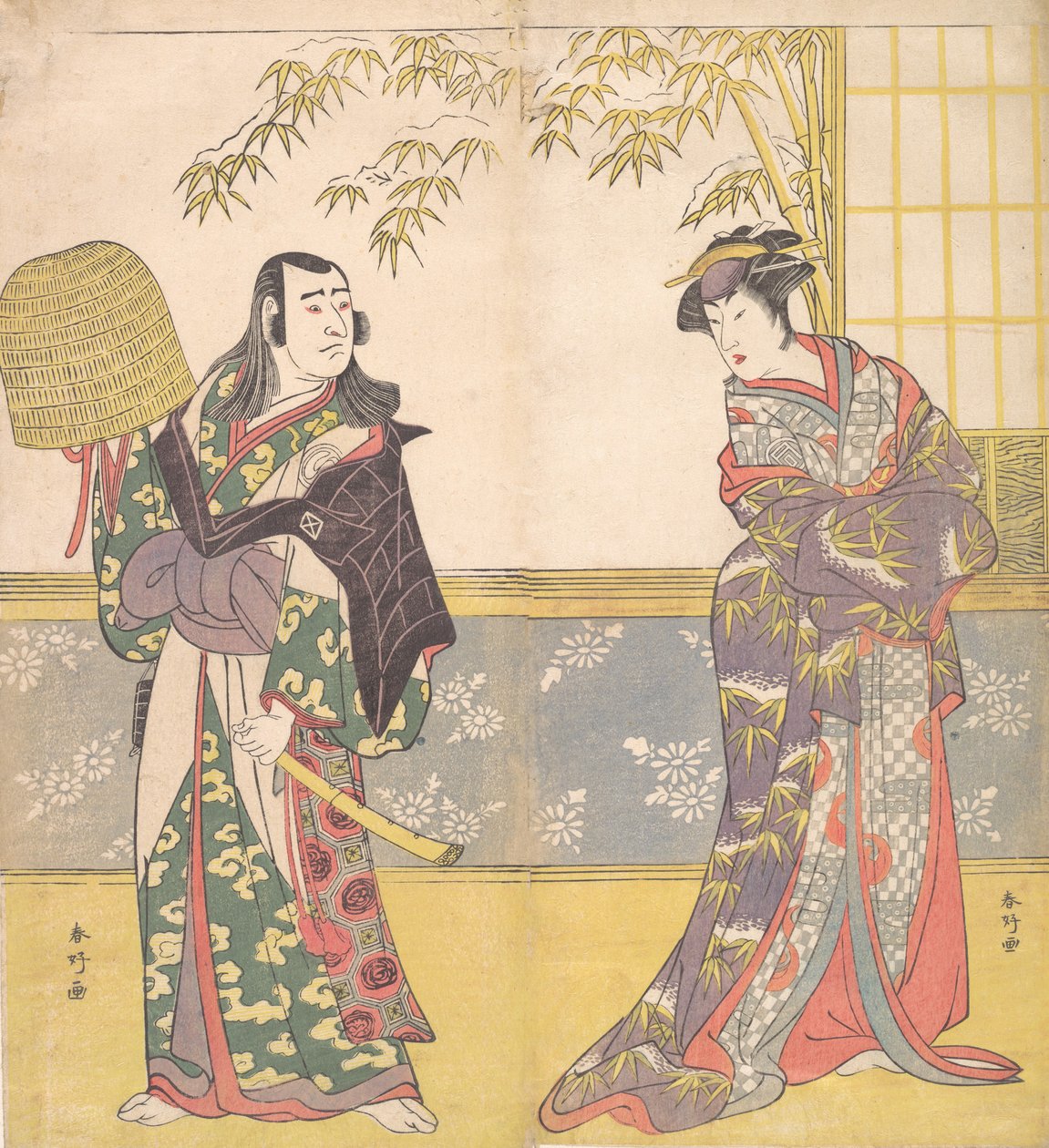 Kabuki-acteurs Sawamura Sojuro III en Sanogawa Ichimatsu III in Een Spiegel van een Courtisane, 1788 door Katsukawa Shunko