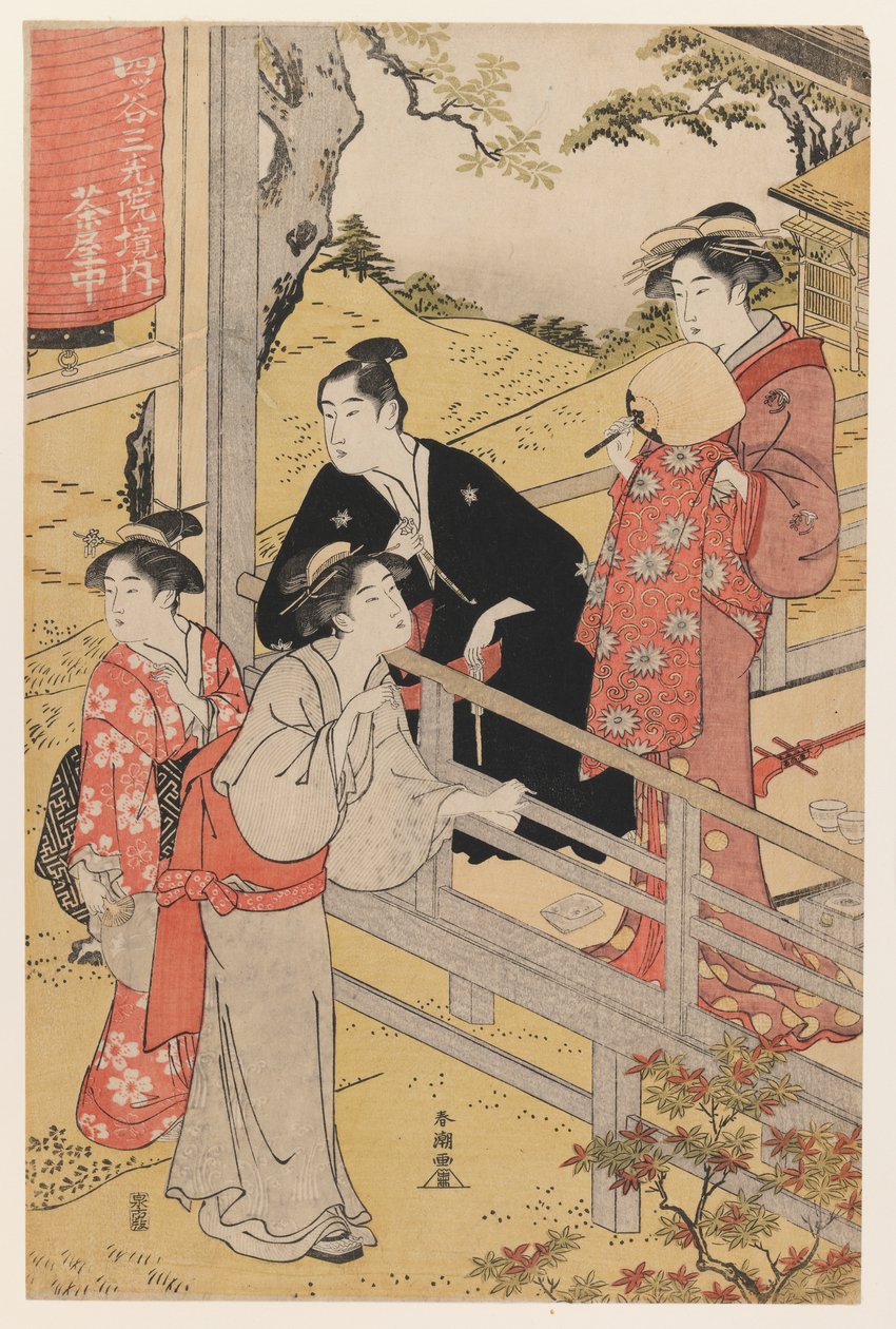 Theehuis bij Sankoin-tempel, Yotsuya door Katsukawa Shunko