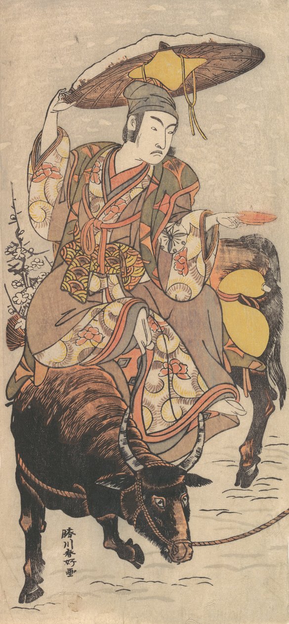 De acteur Matsumoto Koshiro IV op een os in een sneeuwstorm, ca. 1790 door Katsukawa Shunko
