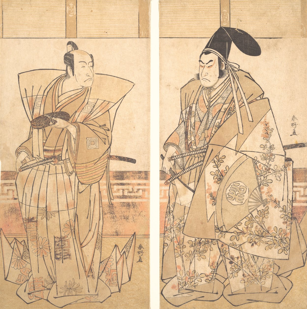 Twee acteurs gekleed in ceremoniële kostuums, ca. 1787 door Katsukawa Shunko