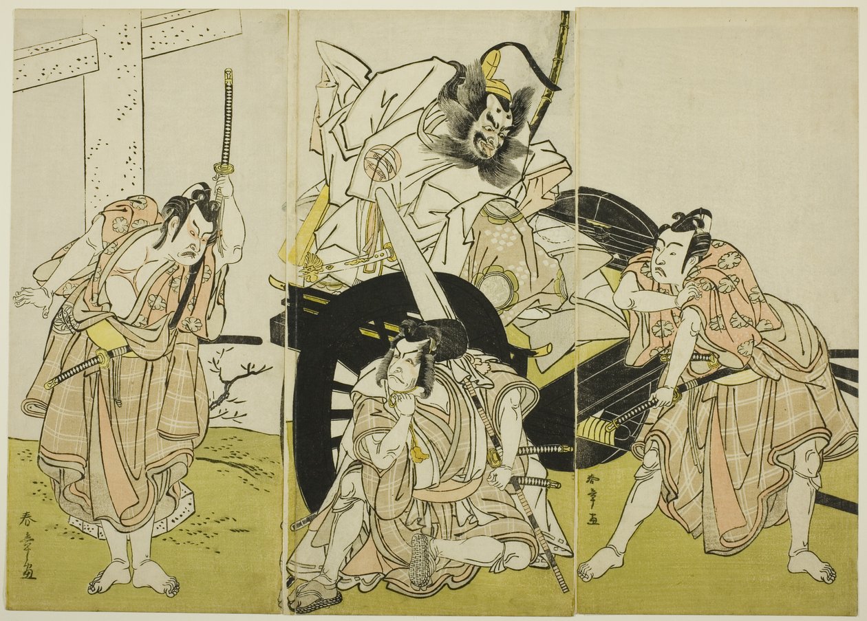 Acteurs Nakajima Mihoemon II als Fujiwara no Shihei, Ichikawa Ebizô III als Matsuo-maru, Ichikawa Yaozô II als Sakura-maru, en Ichimura Uzaemon IX als Umeo-maru in "Sugawara