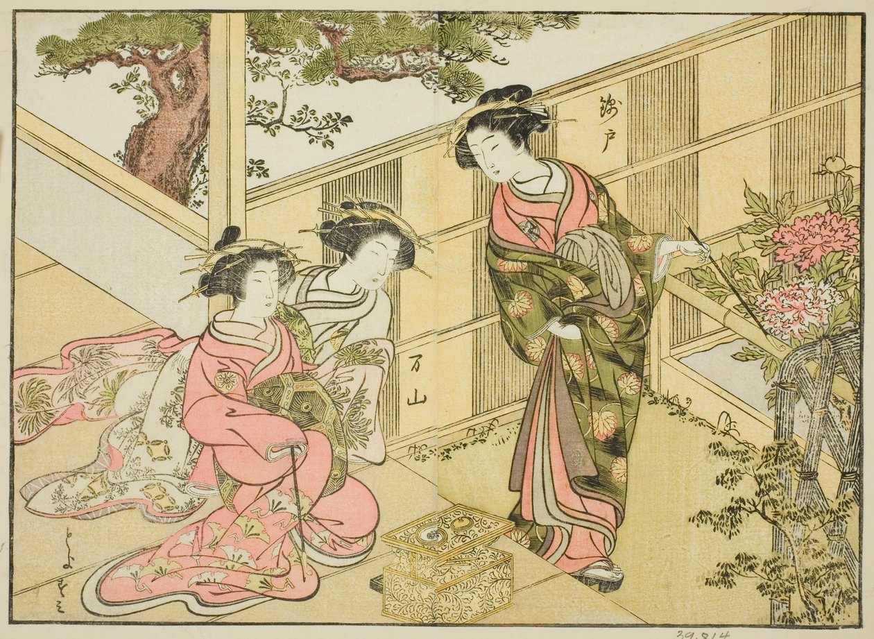 Courtisanes van de Chojiya, uit het boek "Een Vergelijking van Schoonheden van de Groene Huizen: Een Spiegel van Hun Vormen (Seiro bijin awase sugata kagami)," deel 1 door Katsukawa Shunsho