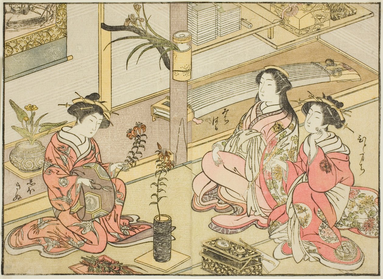 Courtisanes van de Kadotsutaya, uit het boek "Spiegel van Mooie Vrouwen van de Plezierwijken (Seiro bijin awase sugata kagami)," deel 1 door Katsukawa Shunsho