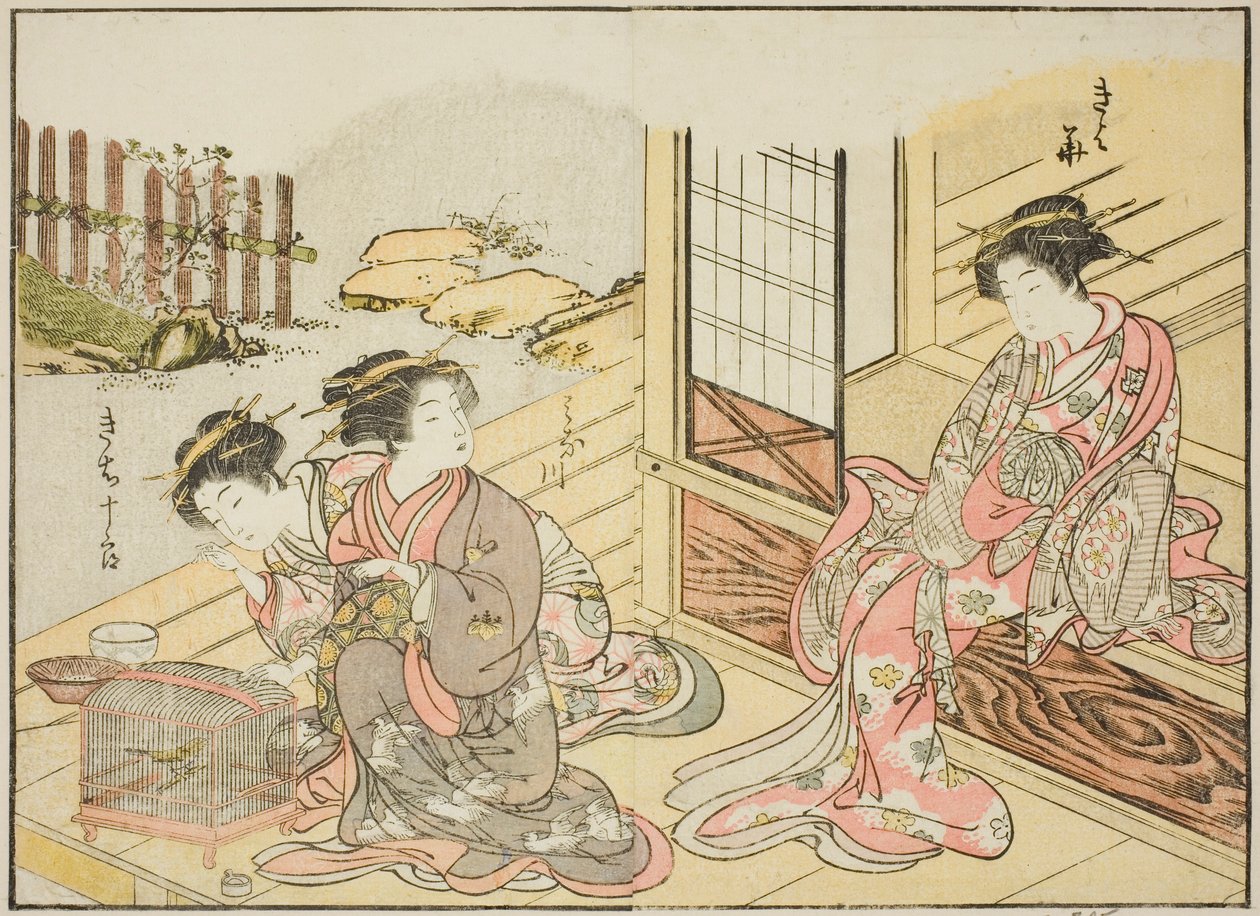 Courtisanes van de Kagemanjiya, uit het boek "Spiegel van Mooie Vrouwen van de Plezierkwartieren (Seiro bijin awase sugata kagami)," deel 1 door Katsukawa Shunsho