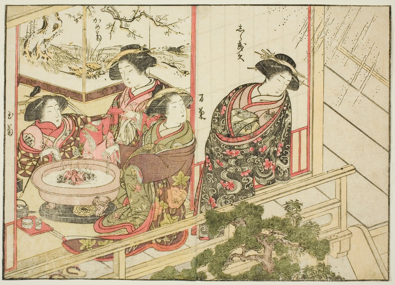 Courtisanes van de Kiribishiya, uit het boek "Spiegel van mooie vrouwen van de plezierwijken (Seiro bijin awase sugata kagami)," deel 2 door Katsukawa Shunsho