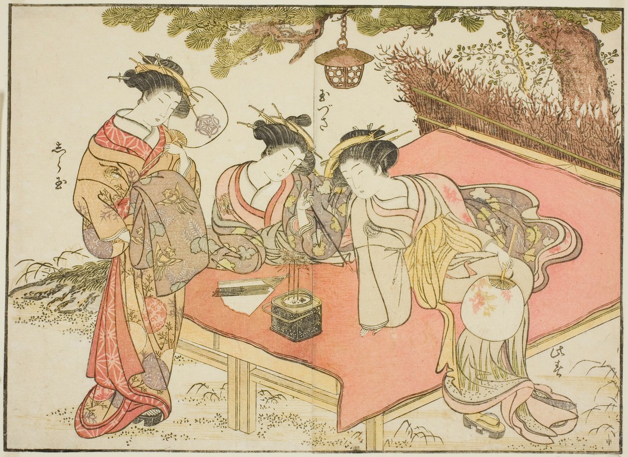 Courtisanes van de Yadaya, uit het boek "Spiegel van Mooie Vrouwen van de Plezierkwartieren (Seiro bijin awase sugata kagami)," deel 1 door Katsukawa Shunsho