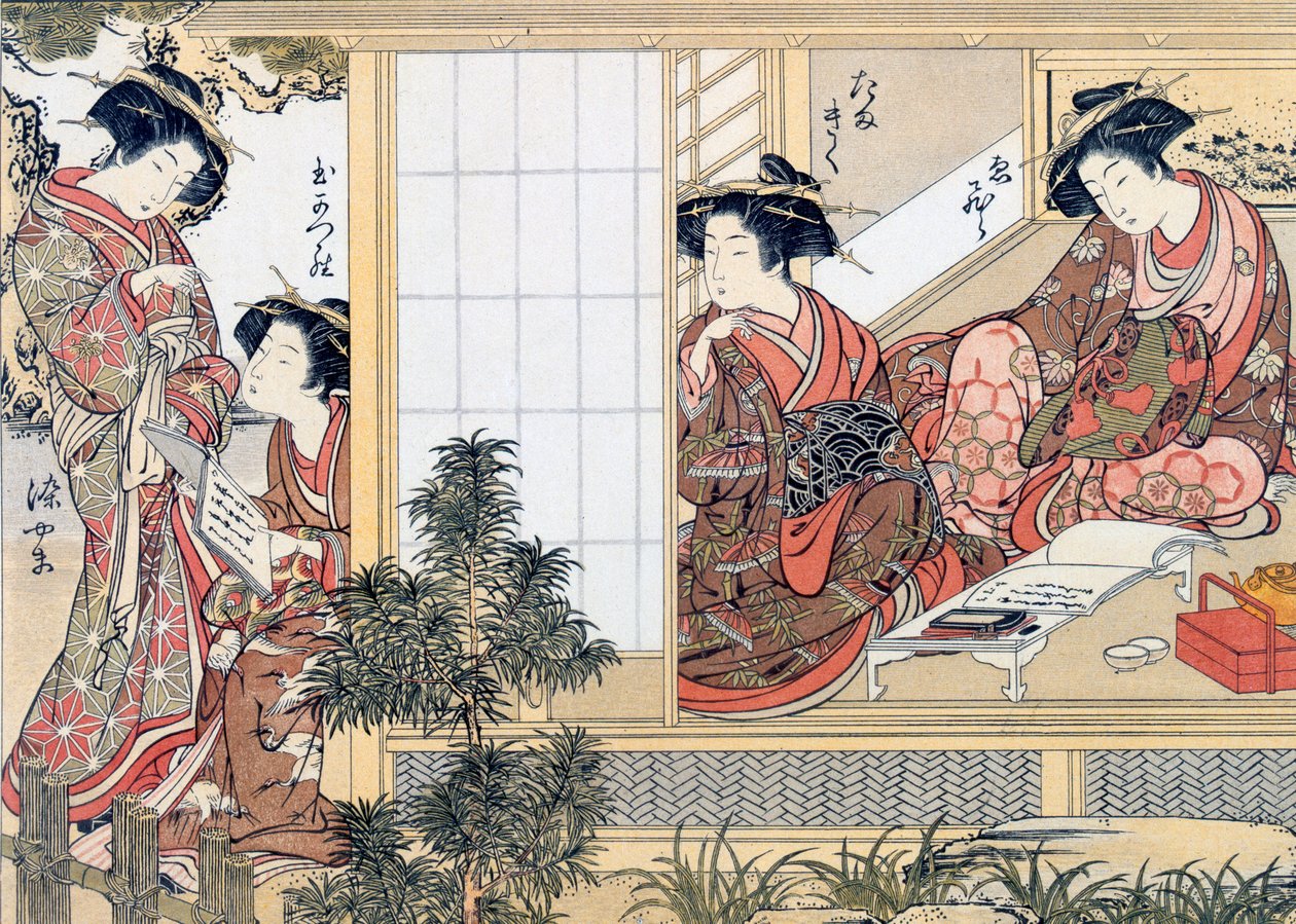 Japanse courtisanes lezen en schrijven, ca. 1776 door Katsukawa Shunsho
