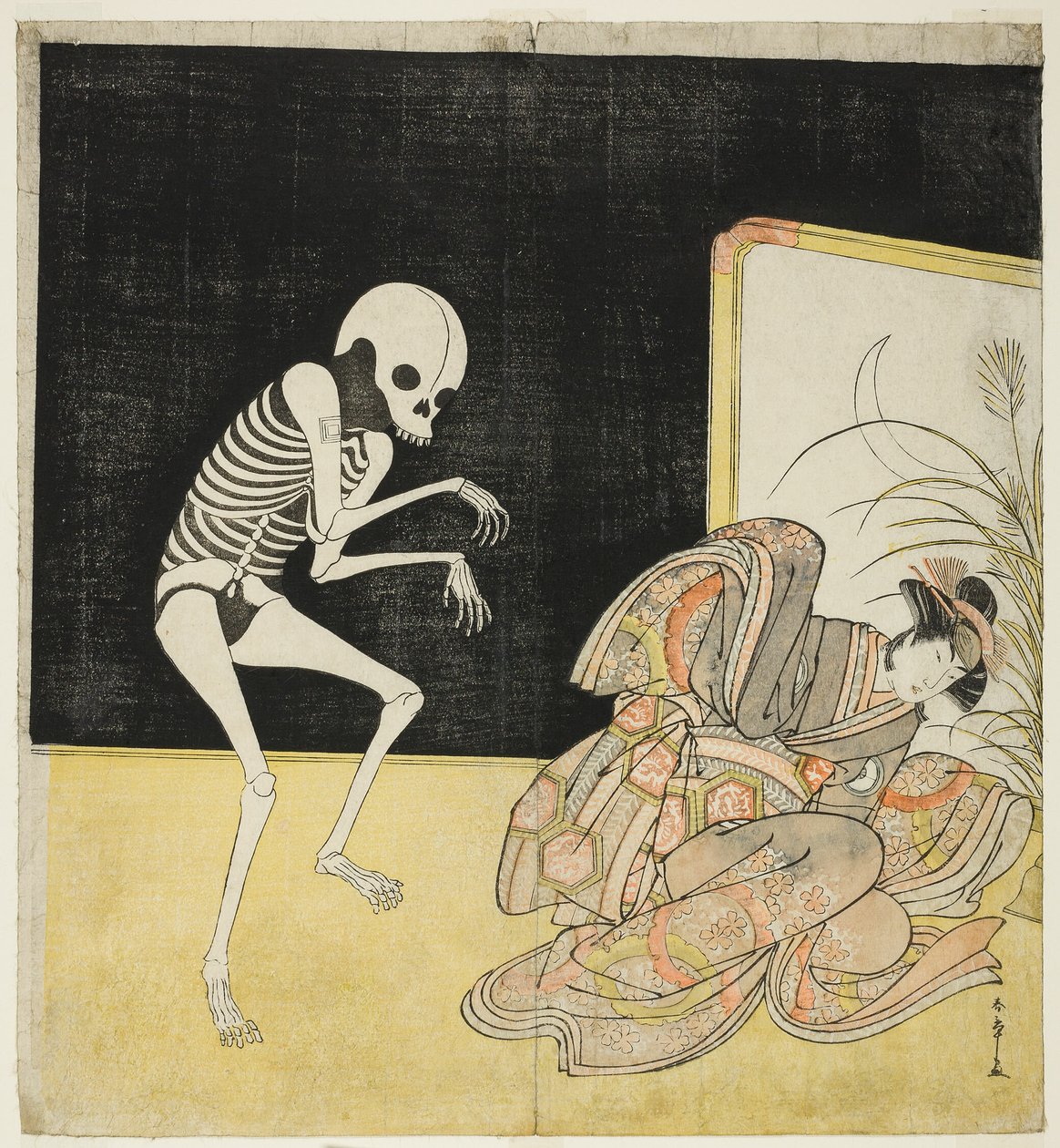 Ichikawa Danjūrō V als Skelet, Geest van de Afvallige Monnik Seigen, en Iwai Hanshirō IV als de Kersenprinses, in "Bloem van Edo: Een Ichikawa Saga" (Edo no Hana Mimasu Soga) door Katsukawa Shunsho
