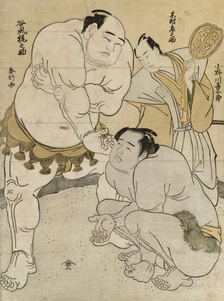 Voorbereidingen voor de Wedstrijd tussen Onagawa Kisaburo en Tanikaze Kajinosuke, gescheidsrechterd door Kimura Shonosuke door Katsukawa Shunsho