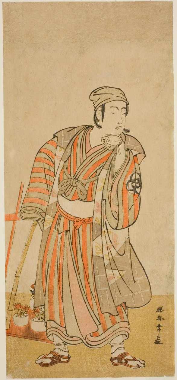 De acteur Bando Mitsugoro I als Taira no Tadamori vermomd als potplantenverkoper in het stuk Sakuya Kono Hana no Kaomise, uitgevoerd in het Nakamura Theater in de elfde maand, 1776 door Katsukawa Shunsho