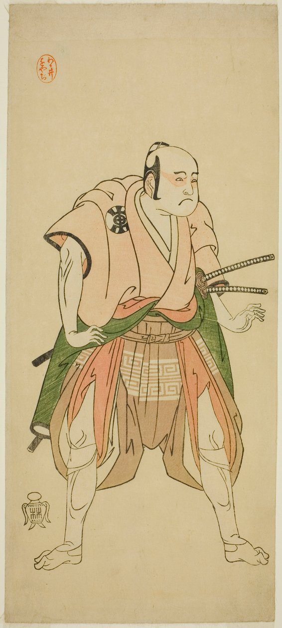 De acteur Bando Sampachi I als Yawata no Saburo (?) in het stuk Shuen Soga Omugaeshi (?), opgevoerd in het Ichimura Theater (?) in de tweede maand, 1768 (?) door Katsukawa Shunsho