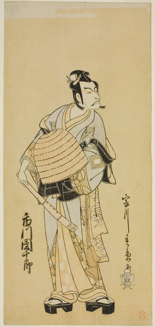 De acteur Ichikawa Danjuro V als Soga no Goro vermomd als een Komuso in het stuk Sakai-cho Soga Nendaiki, uitgevoerd in het Nakamura Theater in de eerste maand, 1771 door Katsukawa Shunsho