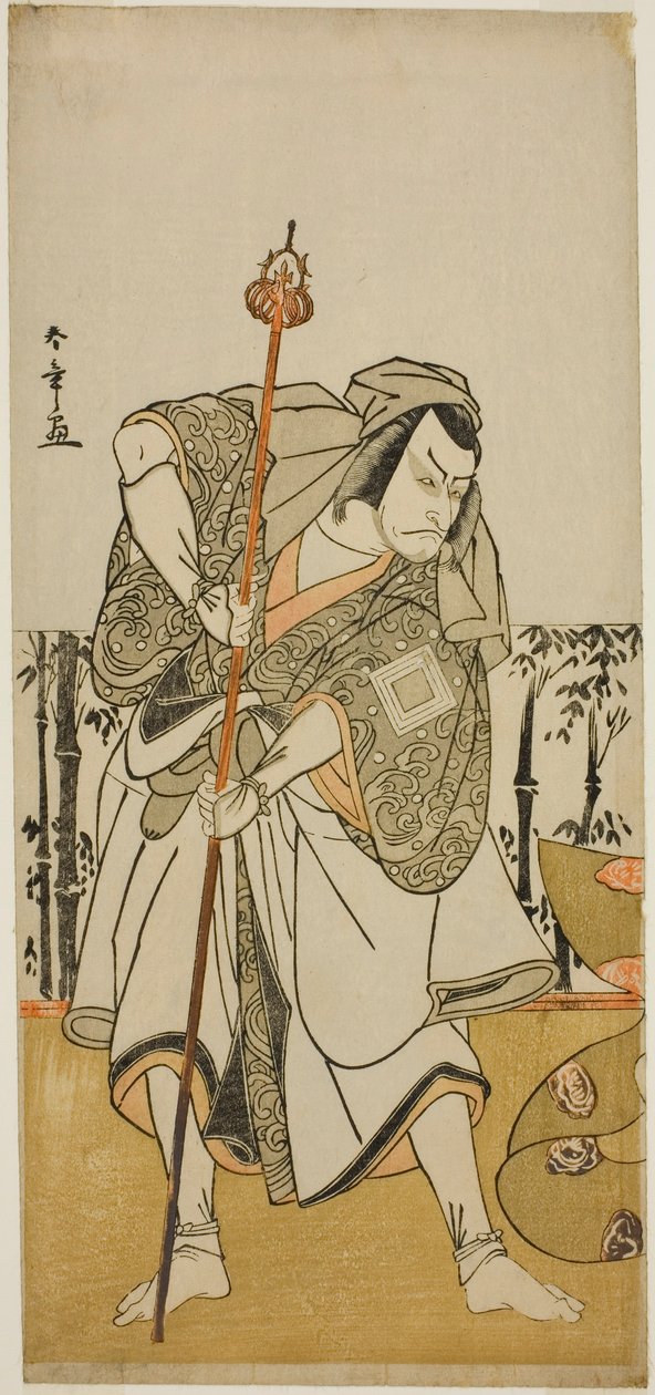 De acteur Ichikawa Danjuro V als Taira no Masakado vermomd als de pelgrim Junjo in het stuk Masakado Kammuri no Hatsuyuki, uitgevoerd in het Nakamura Theater in de elfde maand, 1777 door Katsukawa Shunsho