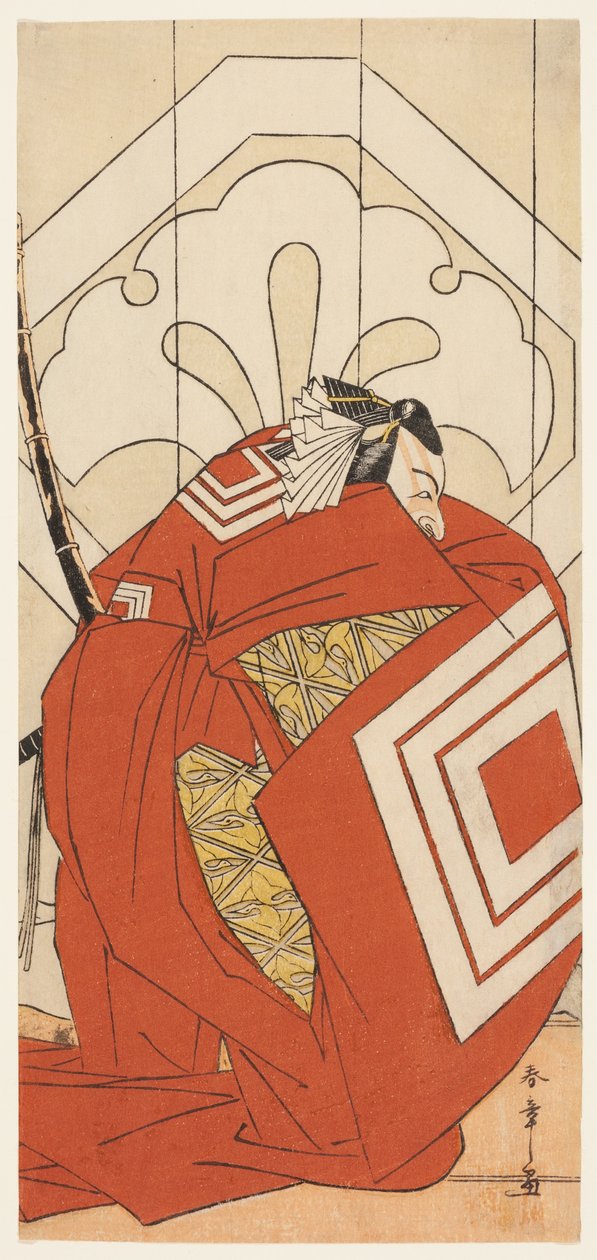 De acteur Ichikawa Danjuro V in een "Shibaraku" rol, waarschijnlijk als Kato Hyoeisa Shigemitsu, in de derde scène van het toneelstuk Masakado Kammuri no Hatsuyuki (De eerste sneeuw op het hoofddeksel van Taira no Masakado), opgevoerd in het Nakamura Theat door Katsukawa Shunsho