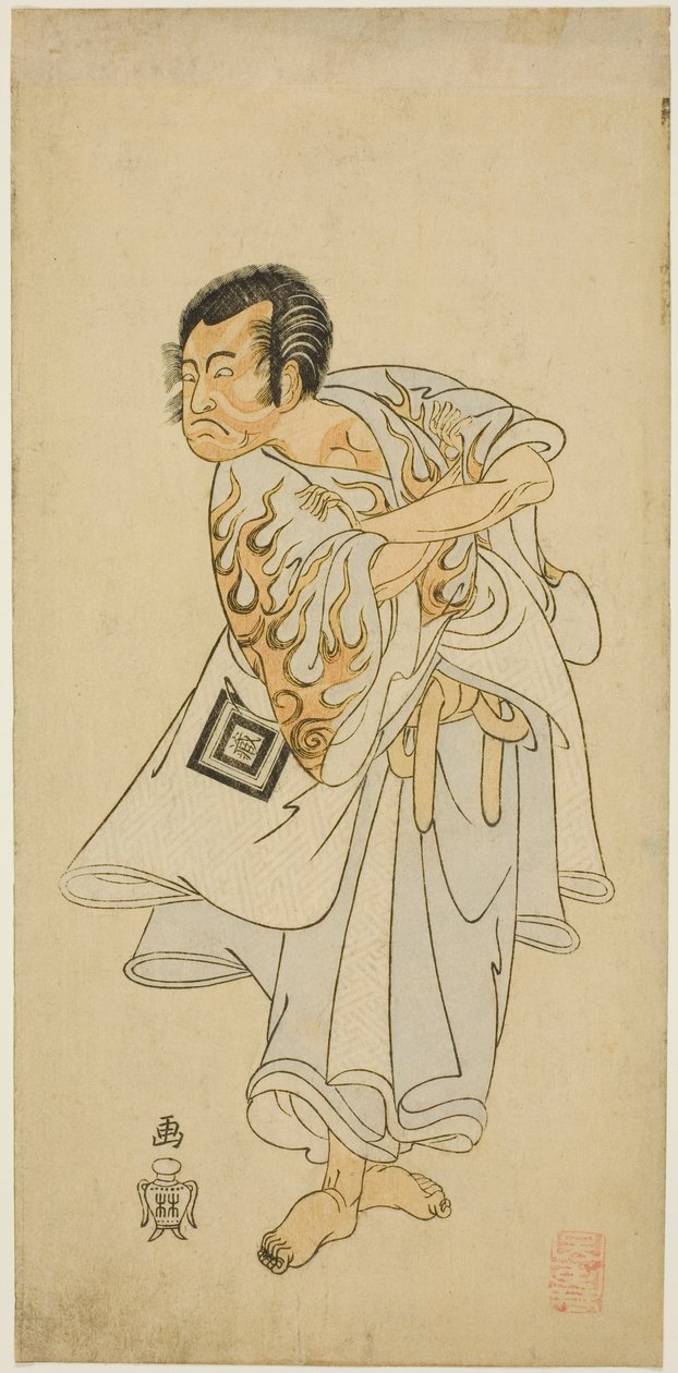 De acteur Ichikawa Danzo III als de heilige kluizenaar Narukami in het stuk "Narukami", uitgevoerd met "Miyakodori Azuma Komachi (Vogel van de hoofdstad: Komachi van het Oosten)" in het Morita Theater in de derde maand, 1768 door Katsukawa Shunsho