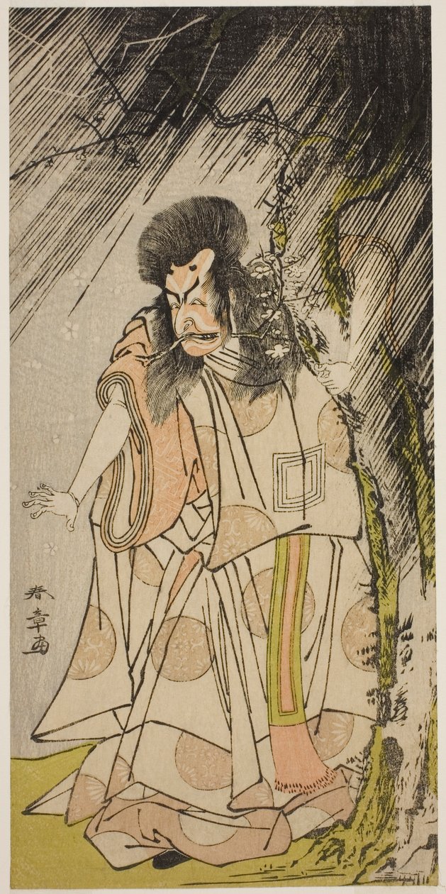 De acteur Ichikawa Ebizo III als de dondergod, een incarnatie van Sugawara Michizane, in het stuk Sugawara Denju Tenarai Kagami, opgevoerd in het Ichimura Theater in de achtste maand, 1776 door Katsukawa Shunsho