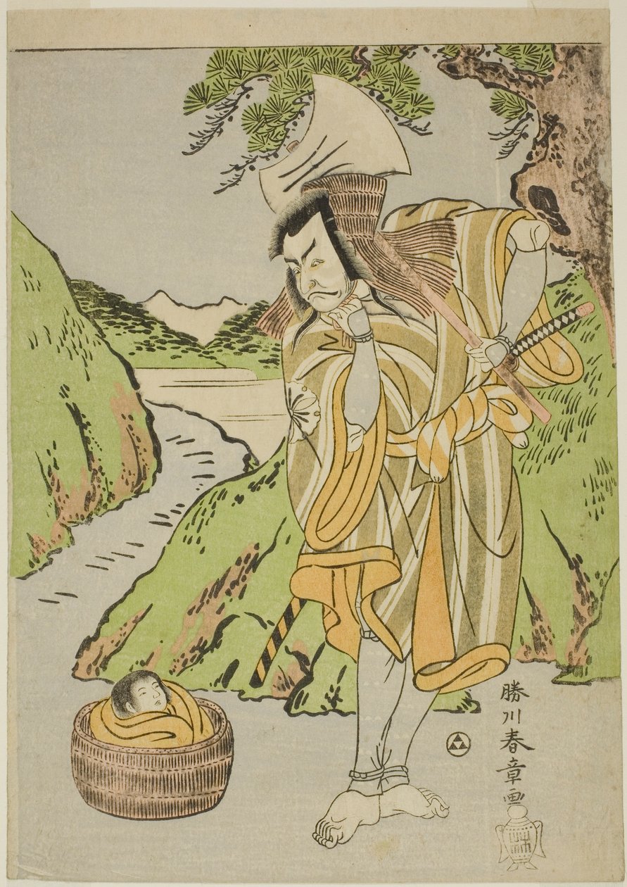 De acteur Matsumoto Koshiro II als Osada no Taro Kagemune vermomd als de houthakker Gankutsu no Gorozo, in Act Vier (?) van het stuk Nue no Mori Ichiyo no Mato (Bos van het Nue Monster: Doelwit van de Elfde Maand), uitgevoerd in het Nakamura Theater door Katsukawa Shunsho