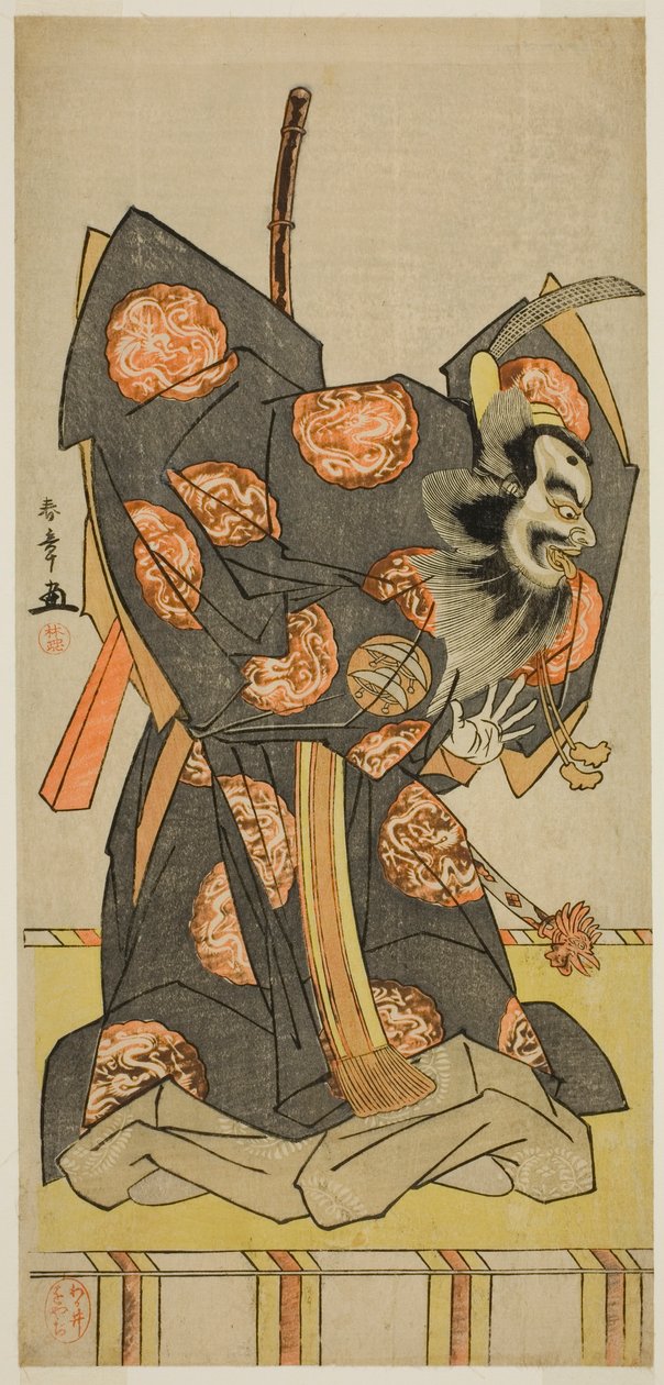De acteur Nakajima Mihoemon II als Shujaku Tenno in het stuk Masakado Kammuri no Hatsuyuki, uitgevoerd in het Nakamura Theater in de elfde maand, 1777 door Katsukawa Shunsho