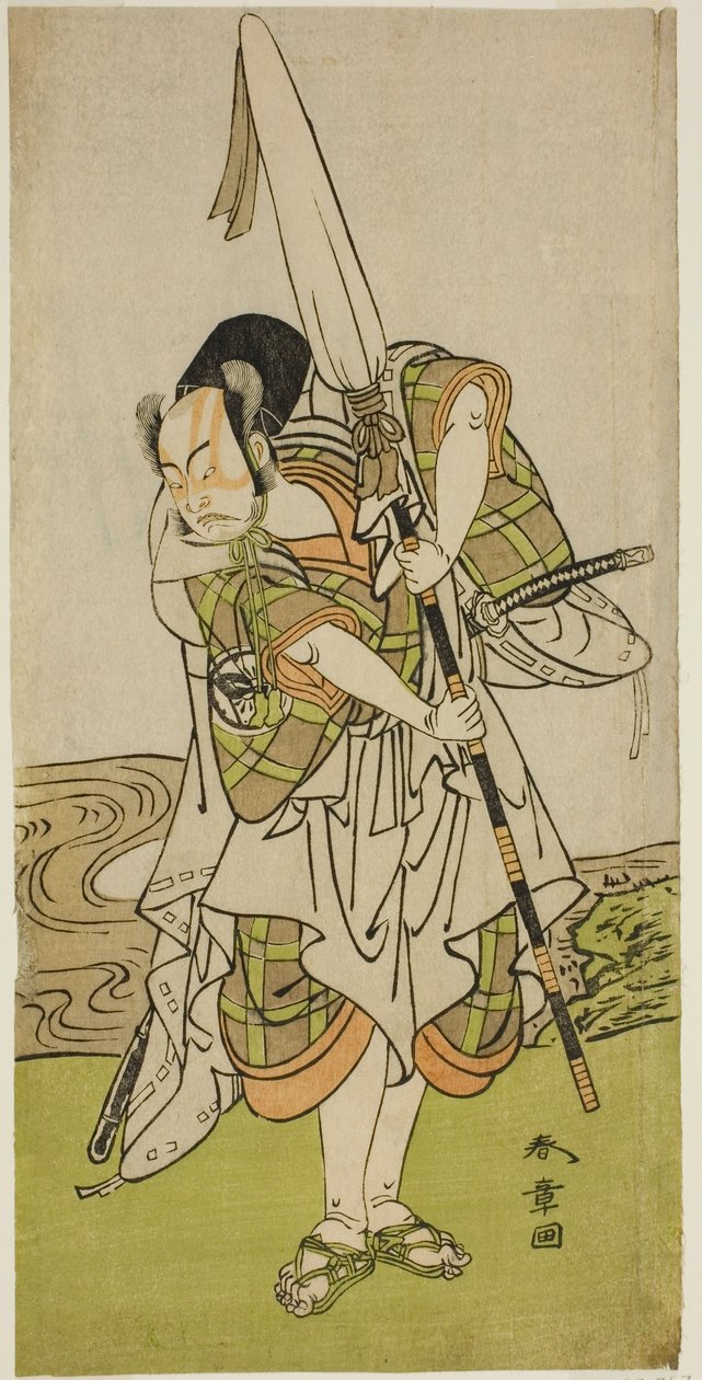 De acteur Nakamura Juzo II als Asahara Hachiro vermomd als de dienaar van een prinselijke familie, in het stuk Onna Aruji Hatsuyuki no Sekai, uitgevoerd in het Morita Theater in de elfde maand, 1773 door Katsukawa Shunsho