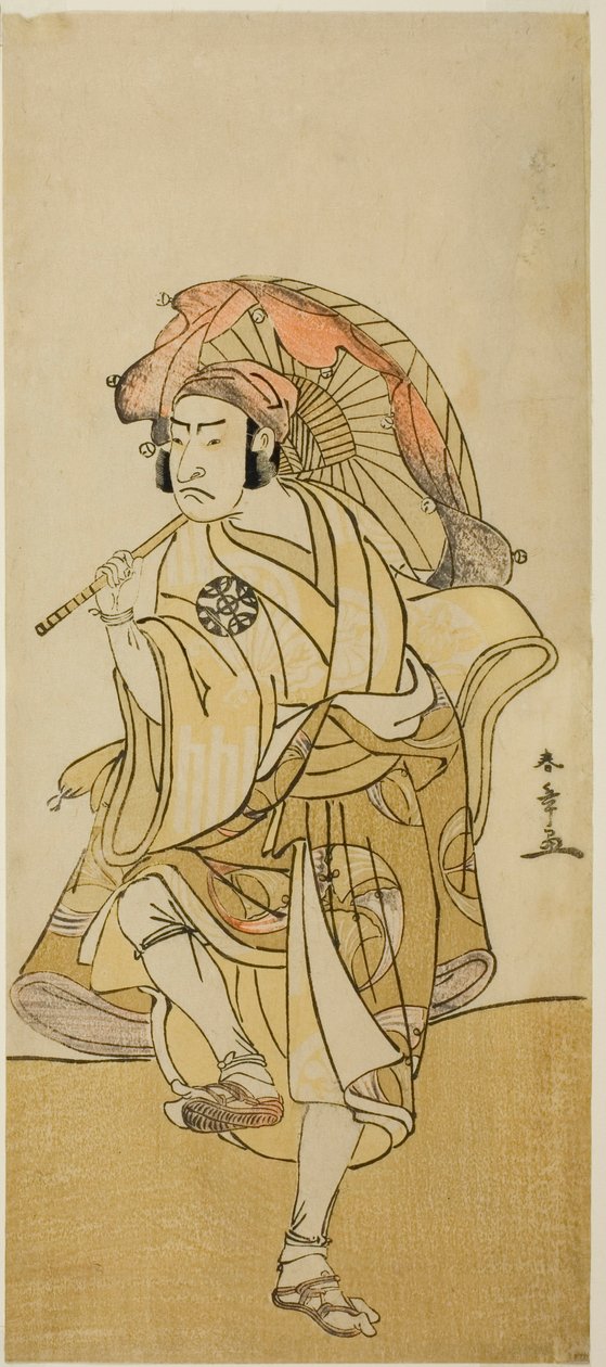 De acteur Nakamura Nakazo I als Onmaya Kisanda vermomd als de leeuwendans Kakubei in het stuk Chigo Torii Tobiiri Kitsune, uitgevoerd in het Ichimura Theater in de elfde maand, 1777 door Katsukawa Shunsho