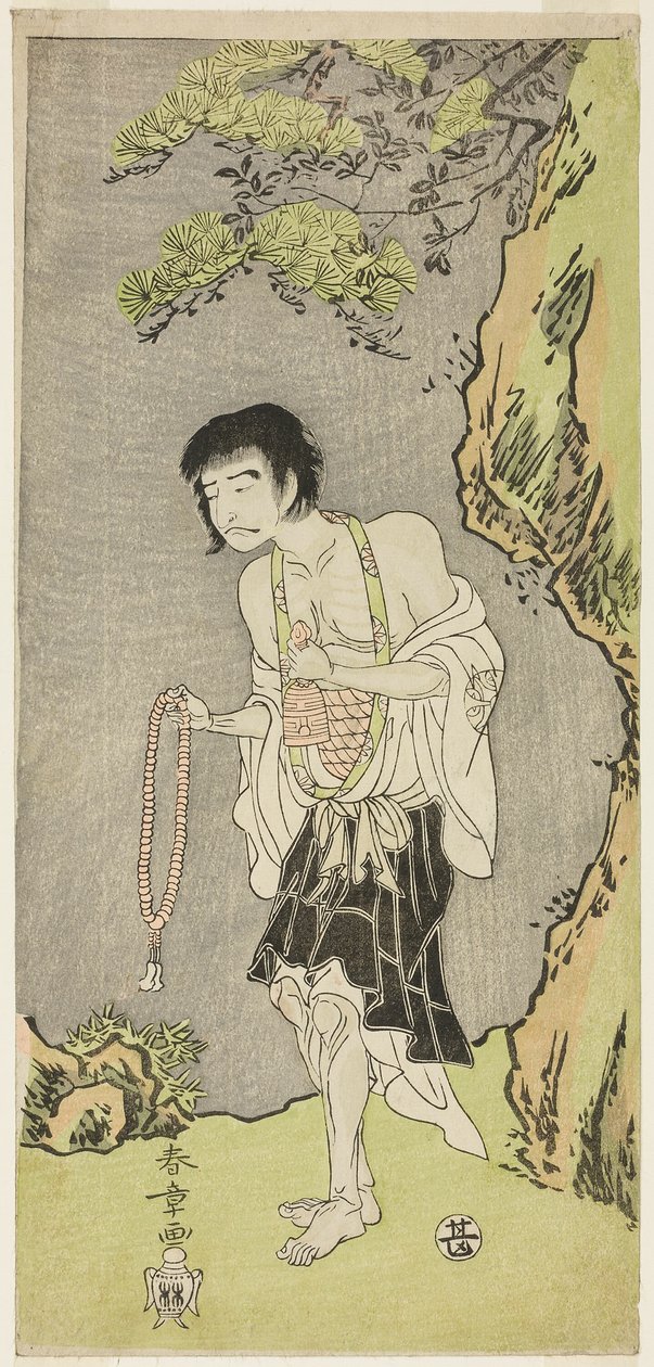 De acteur Nakamura Nakazo I als monnik, Raigo Ajari, in het stuk Nue no Mori Ichiyo no Mato, uitgevoerd in het Nakamura Theater vanaf de eerste dag van de elfde maand, 1770 door Katsukawa Shunsho