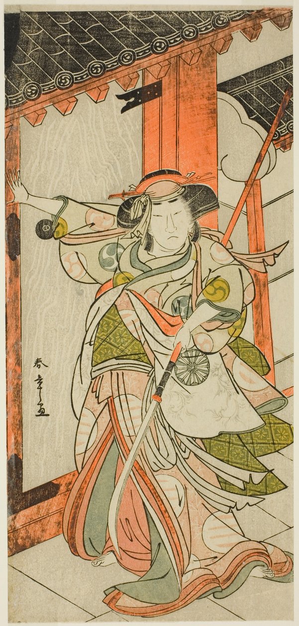 De acteur Nakamura Tomijuro I als Hangaku Gozen die de poort afbreekt in het toneelstuk Wada-gassen Onna Maizuru (Het Wada-conflict: de "Maizuru" van een vrouw), opgevoerd in het Nakamura Theater vanaf de vijfentwintigste dag van de zevende maand, 1777 door Katsukawa Shunsho