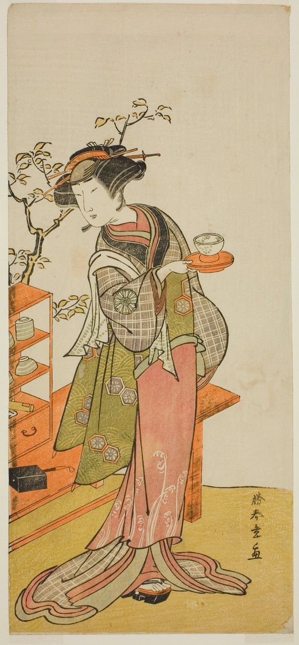 De acteur Nakamura Tomijuro I als de serveerster Otake in het stuk Chigo Suzuri Aoyagi Soga, uitgevoerd in het Nakamura Theater in de eerste maand, 1777 door Katsukawa Shunsho