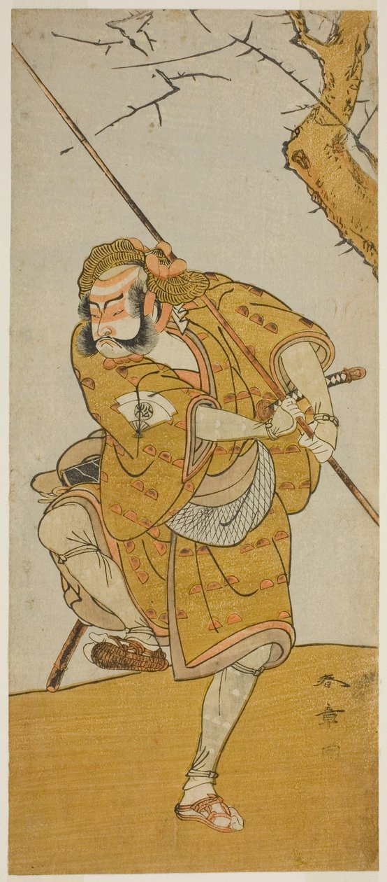 De acteur Onoe Matsusuke I als Kobayashi no Asahina vermomd als vogelvanger in het stuk Edo no Haru Meisho Soga, opgevoerd in het Ichimura Theater in de derde maand, 1773 door Katsukawa Shunsho